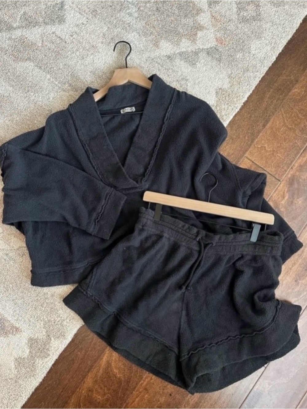 Free People Staycation Black Cozy Lounge Top & Shorts Set